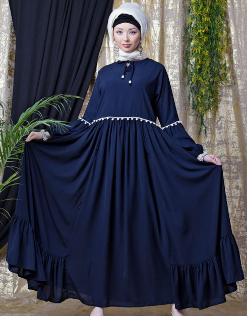 Modest Balloon Sleeve Pom Pom Lace Bohemian Abaya Navy Blue